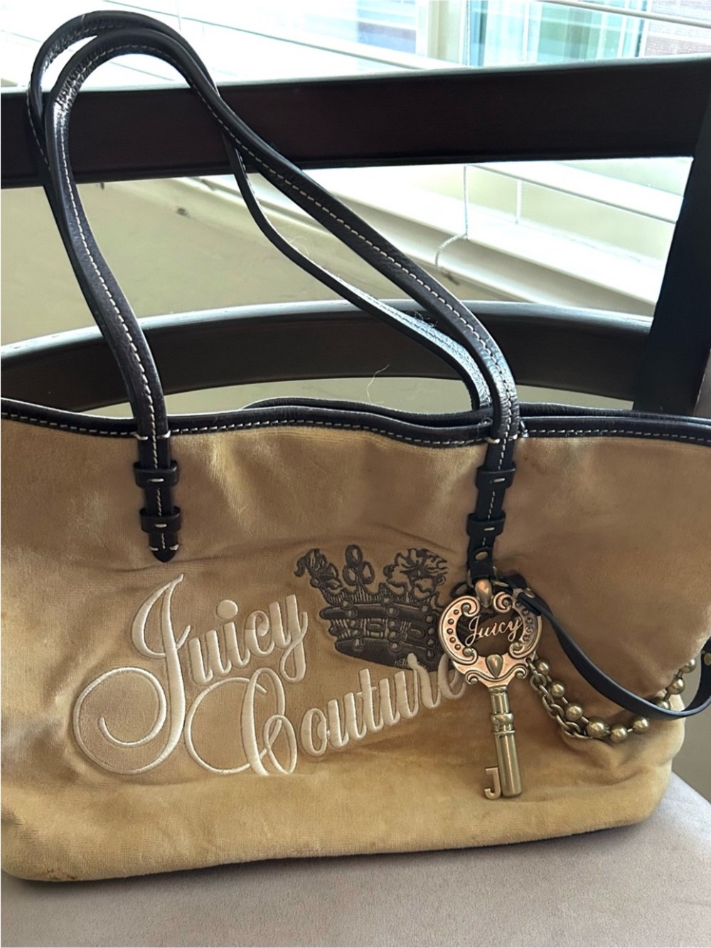 Juicy Couture Tan Suede Shoulder Bag with Dark Brown Trim and Gold Key Charm